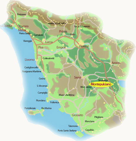 Die Stadt Montepulciano auf der Toskana-Karte Montepulciano auf der Karte